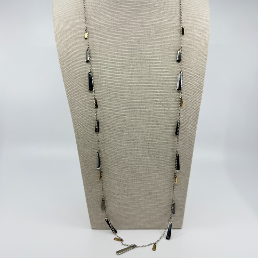 Two-Tone Metal Bar Charm Long Station Necklace Silver & Gold Tone Layering Chic